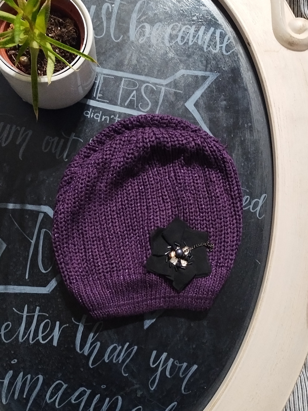 Simply Vera Vera Wang Purple Knit Beanie with Black Flower Brooch